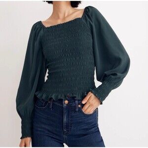 Women’s Madewell Lucie Bubble Sleeve Smocked Crinkle Top Blouse Small Green Palm